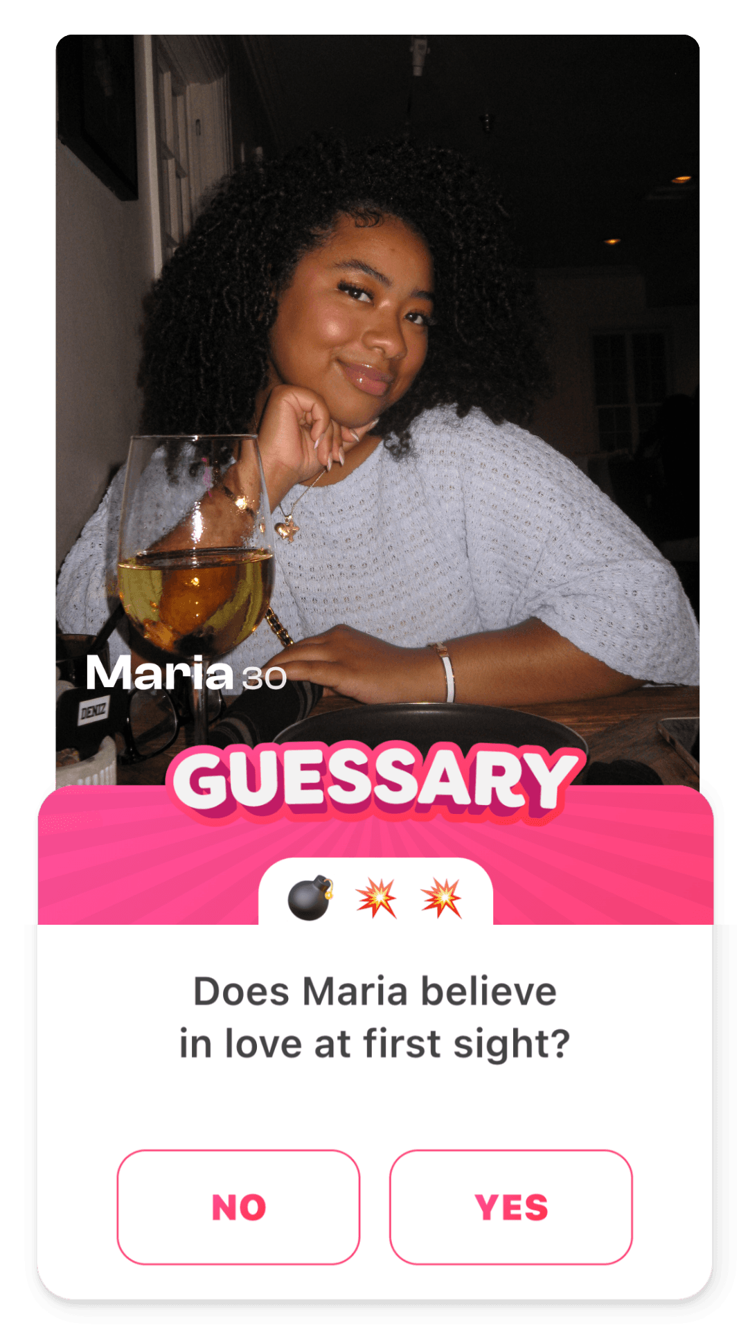 Guessary asking whether Maria believes in love at first sight