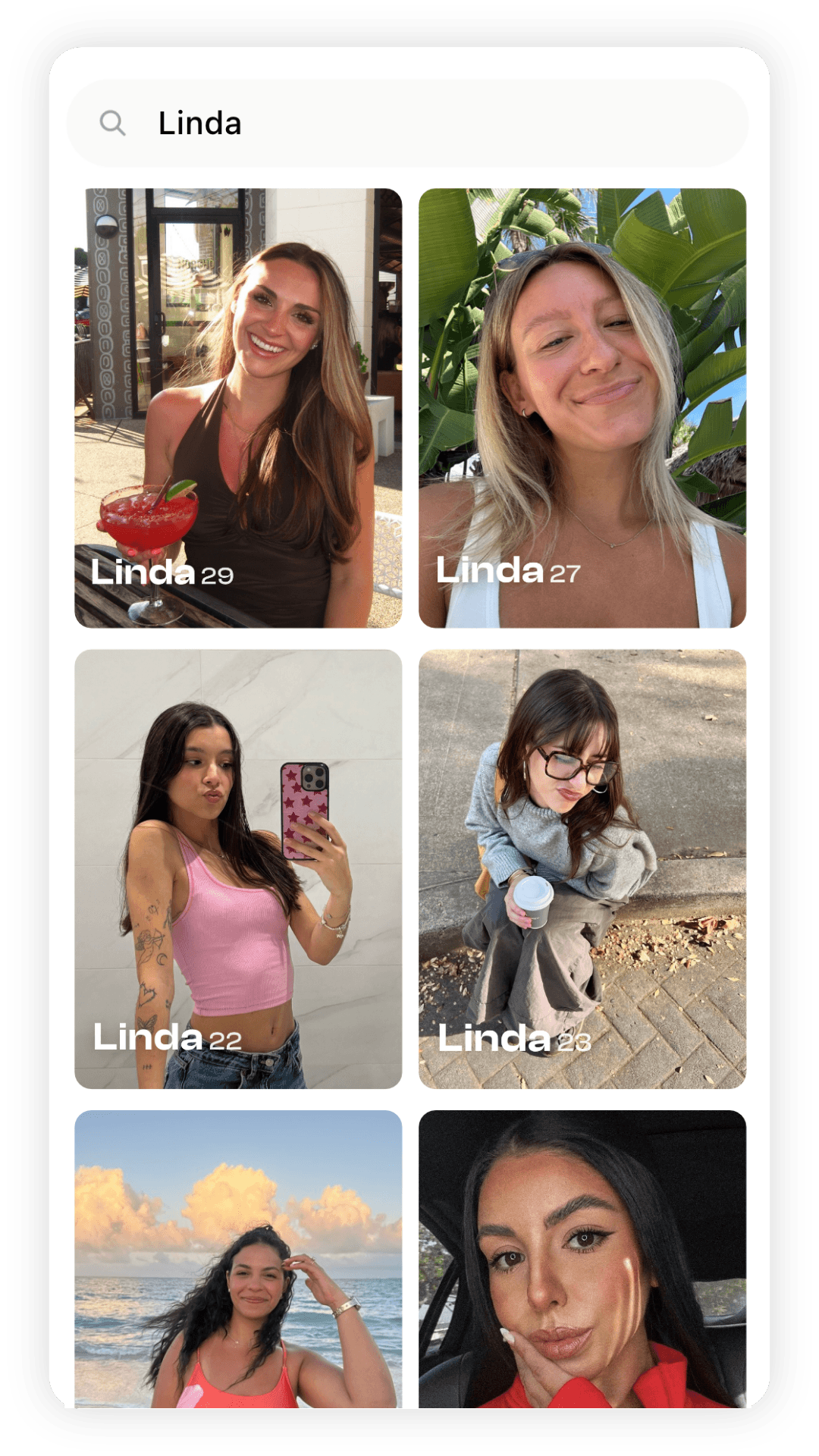 Searching for Linda and getting a grid of profiles named Linda