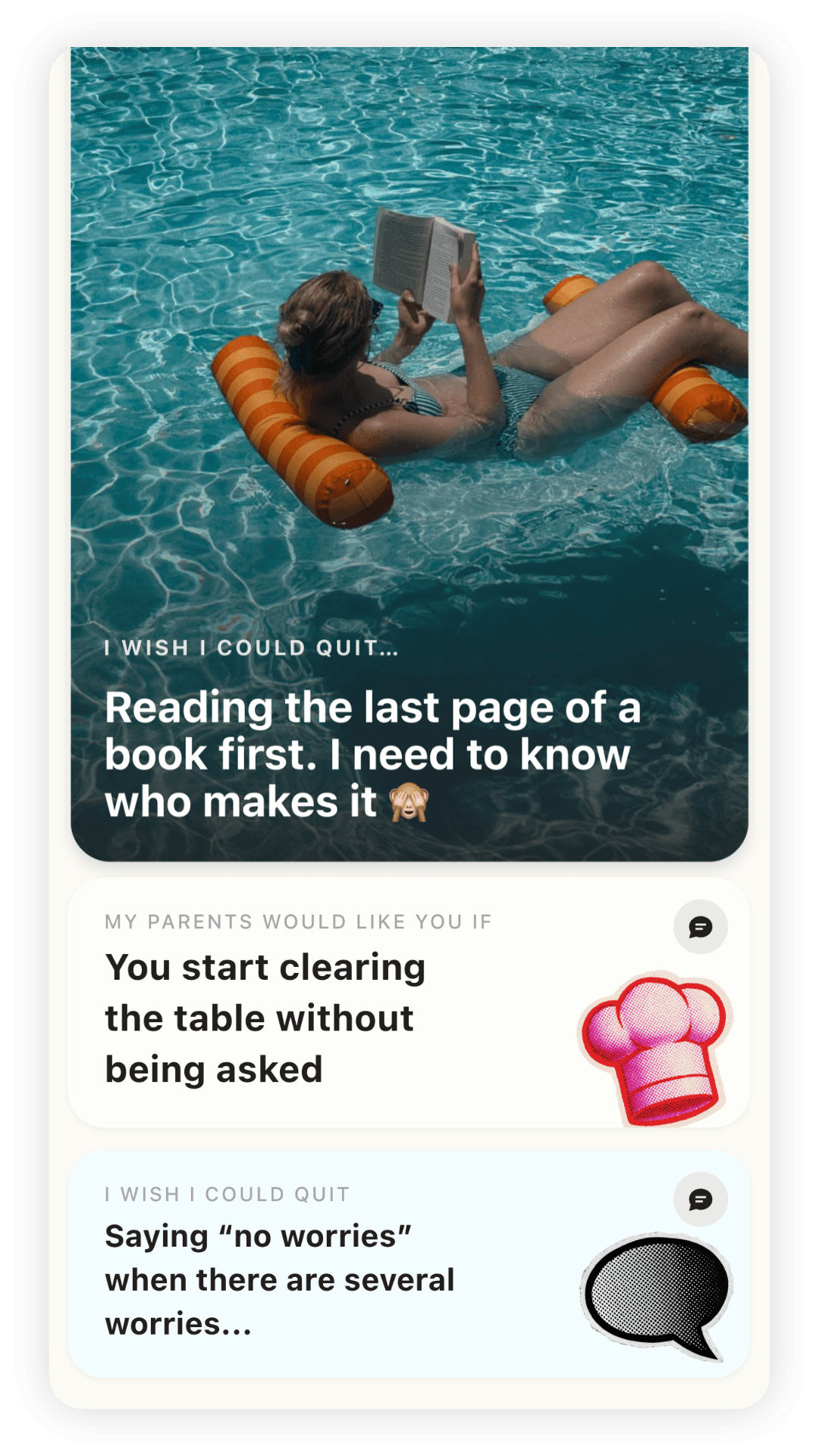 A profile made of prompts, like what she wishes she could quit