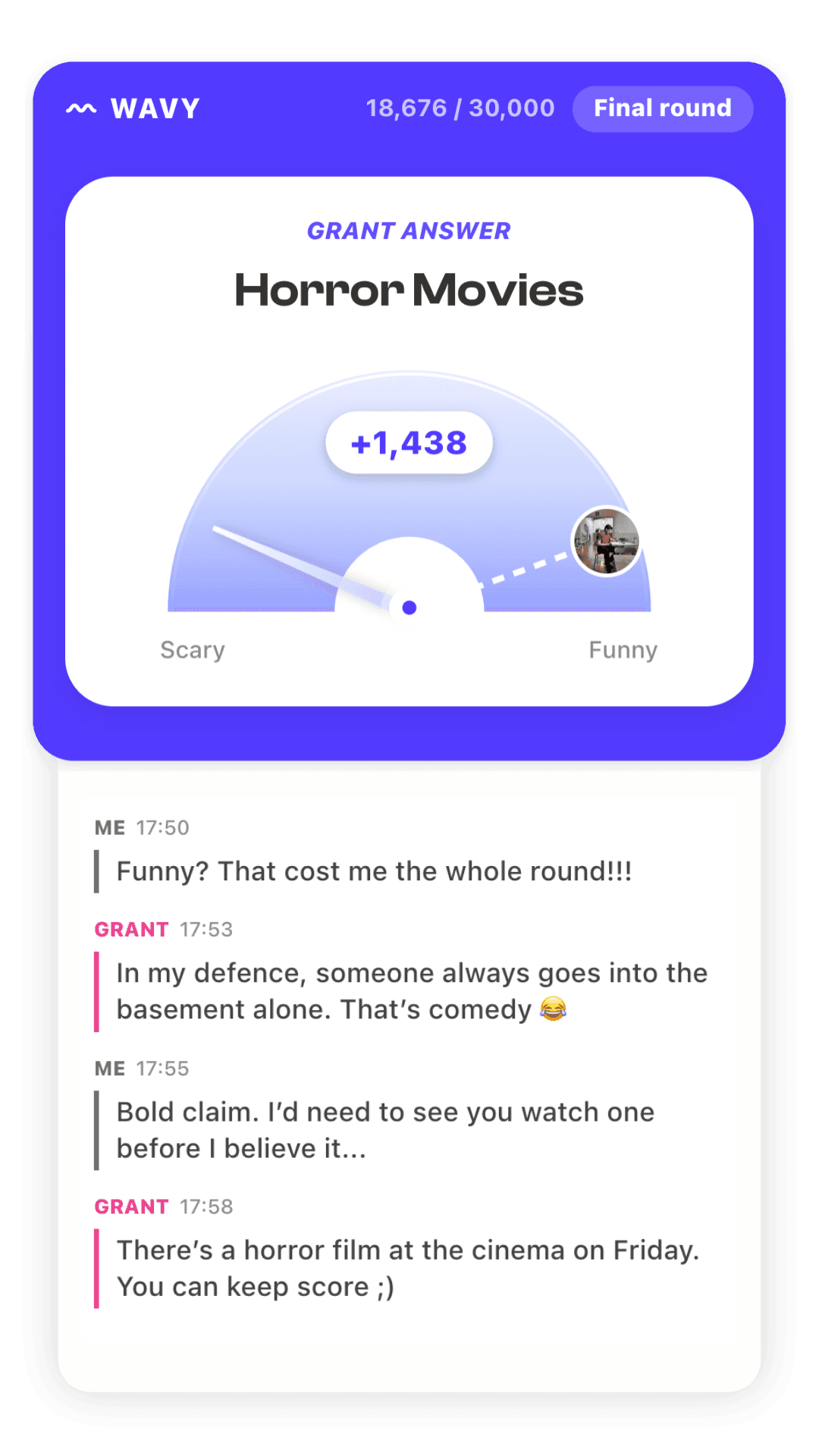 A Wavy result about horror movies landing in the chat, with the conversation it started